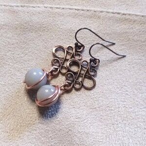 Copper Knot Filigree & Cream Stone Dangle Earrings - Feminine Elegant Mature